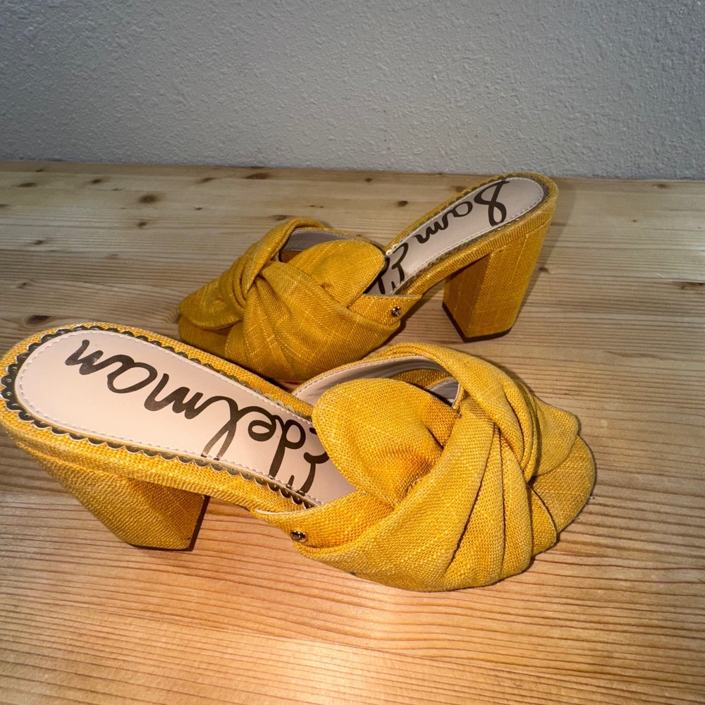 Sam Edelman Yellow Knotted Block Heel Mules – Linen Slide Sandals Size‎ 6M